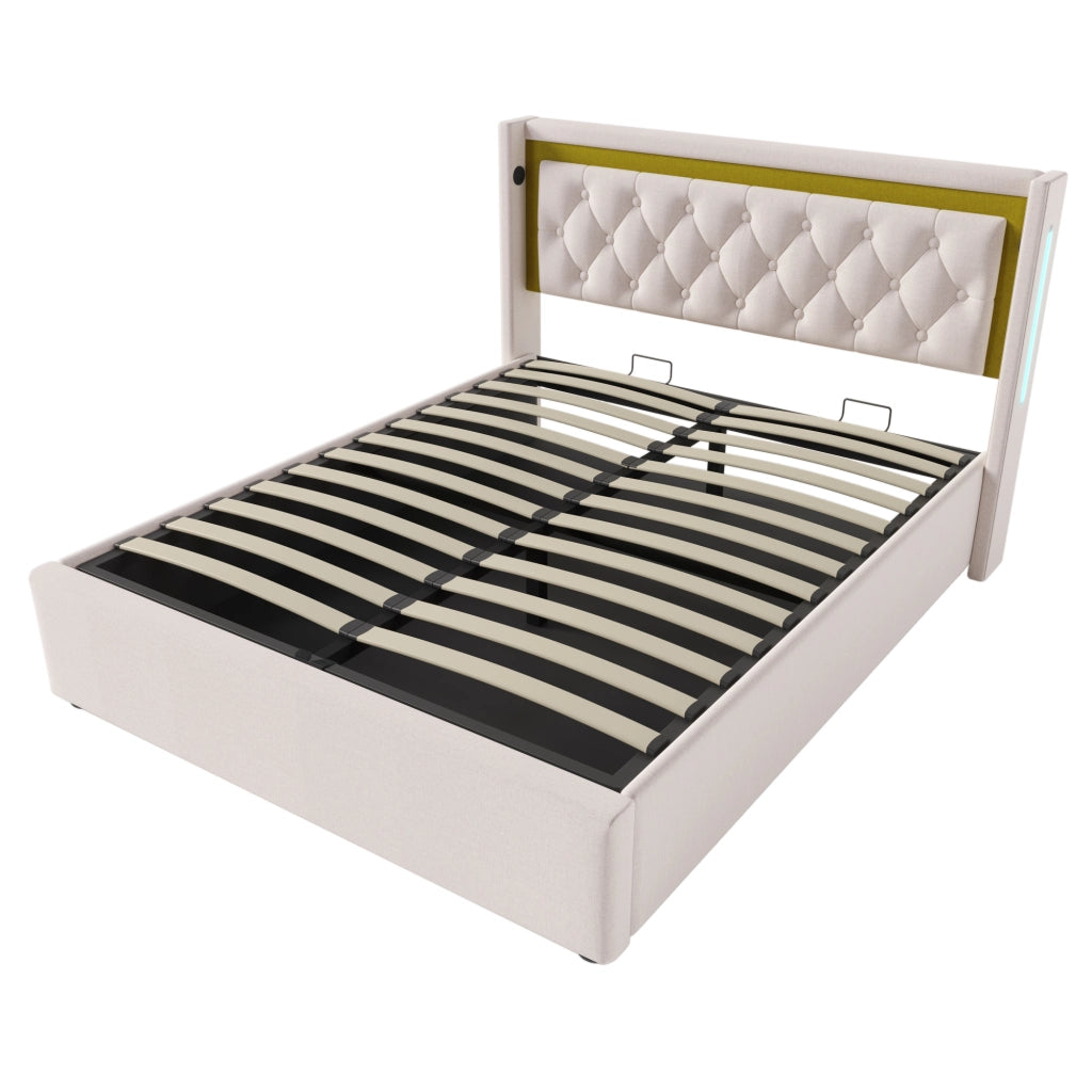 Letti contenitori 140x200 cm con LED e ricarica USB+Type C; cotone beige (Senza materasso)