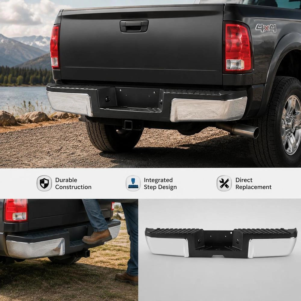 Rear Bumper, Compatible With 2008-2016 Ford F250/Ford F350 Super Duty, Chrome Steel Rear Bumper, Replacement Rear Bumper With License Plate Light And Step Pad