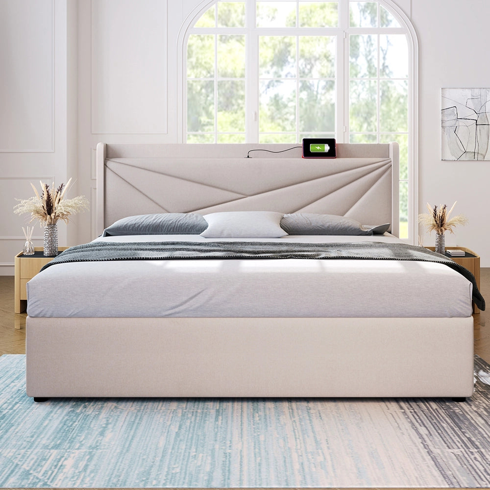 Letto a cassone imbottito - Xylo - 140x200 cm - Beige - Testiera con USB