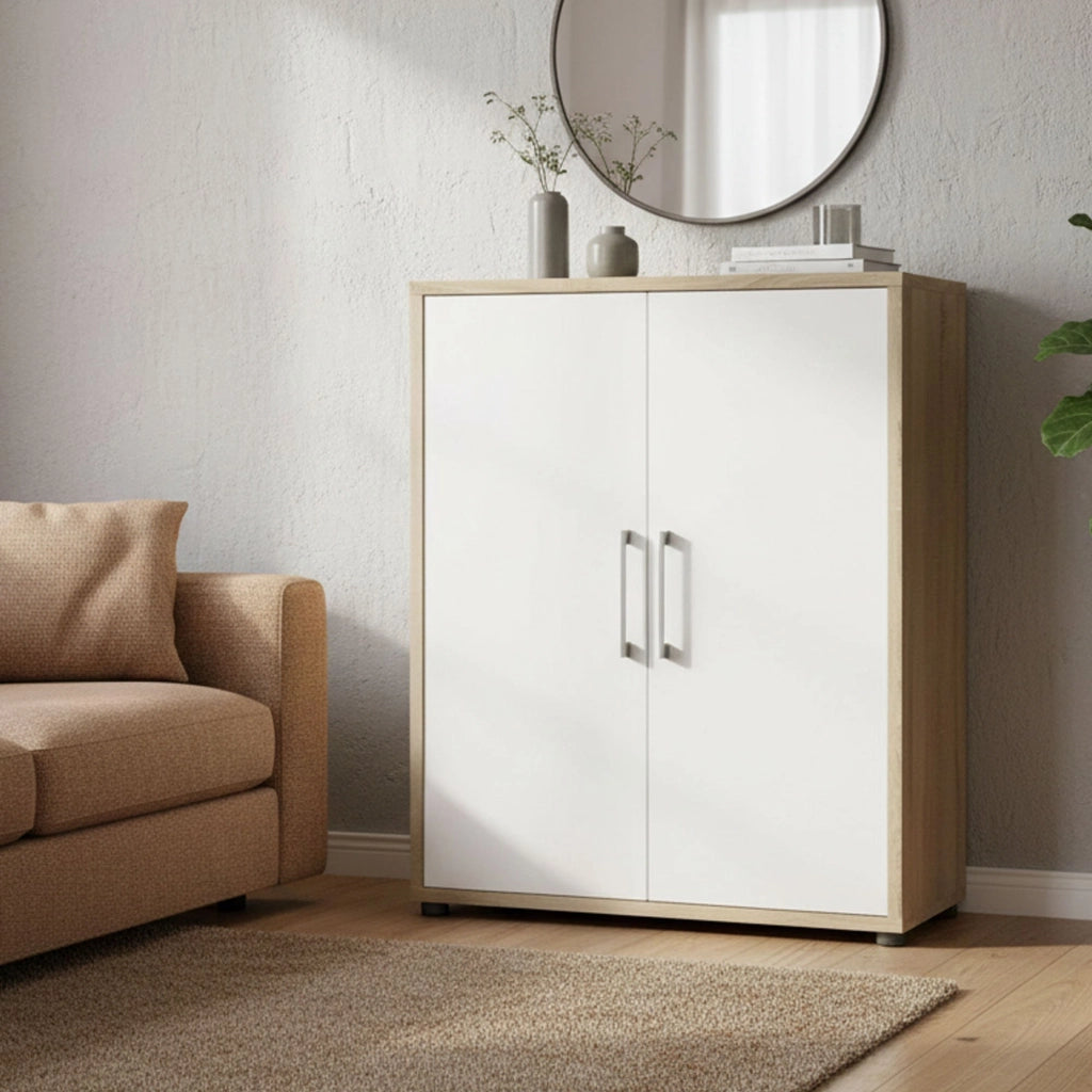Credenza Warszawa, Buffet da soggiorno, Madia da salotto, Dispensa da cucina, 89x40 h113 cm, Quercia e Bianco