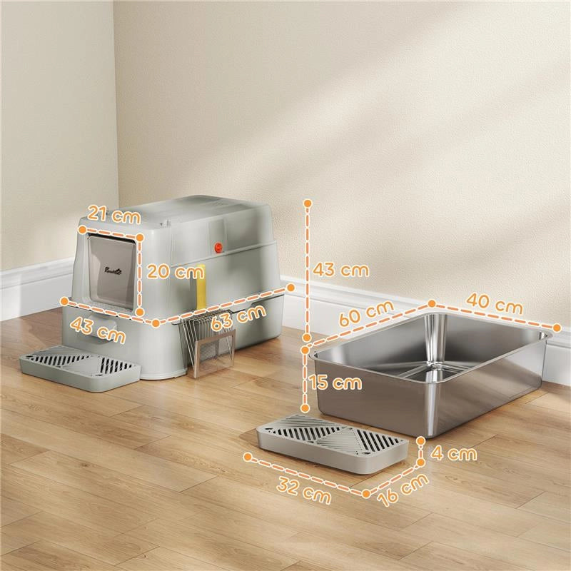 LETTIERA PER GATTI CHIUSA DA 80L CON VASSOIO ESTRAIBILE, IN ABS E ACCIAIO INOX, 63X43X43 CM, GRIGIO CHIARO