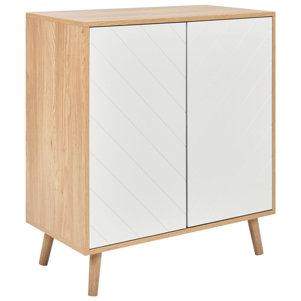 Credenza bianca e chiara in MDF impiallacciato in particelle di legno a 2 ante con ripiani Soluzione di archiviazione scandinava per la camera da letto
