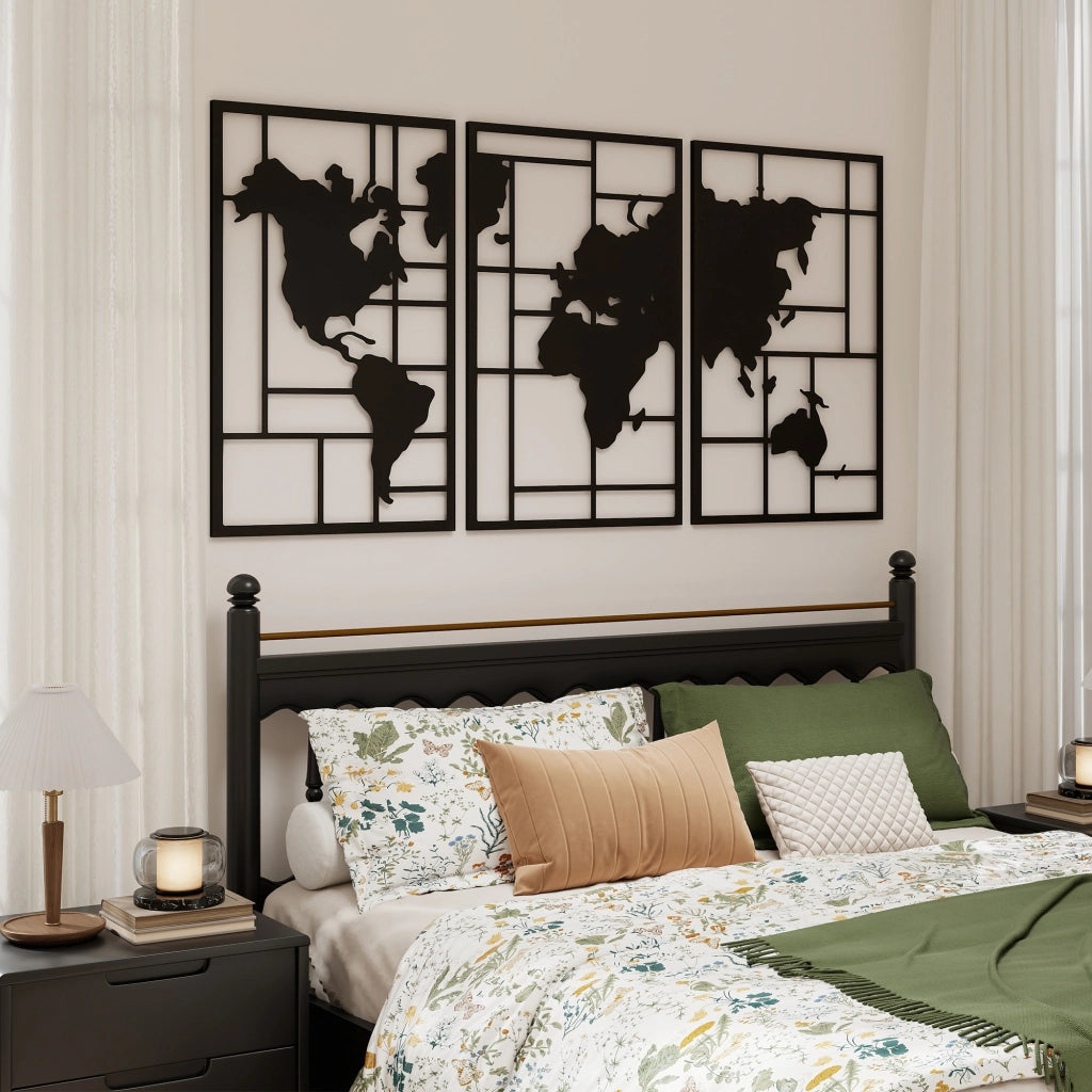Mappa Mondo in 3 Pezzi per Parete ¨C zephmum ¨C Nero 60x40 cm