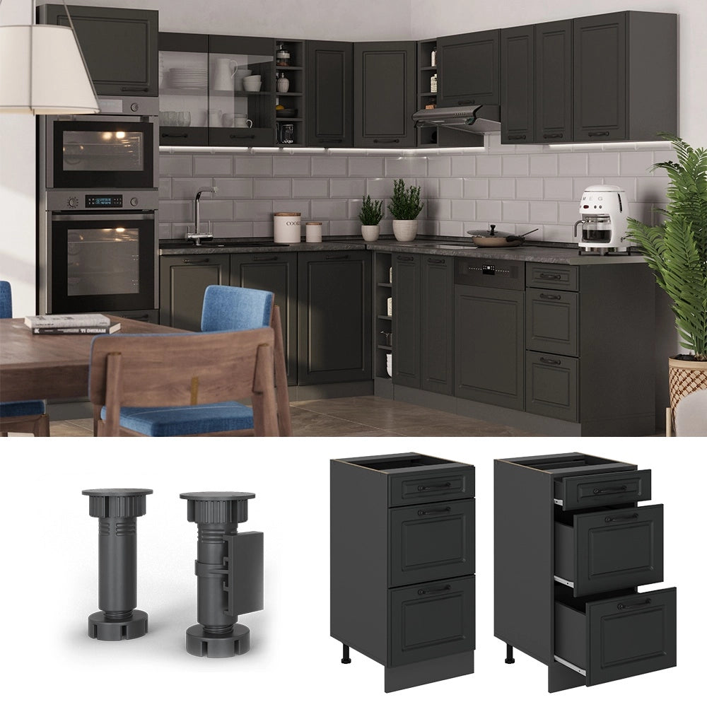 Mobiletto base per cucina R-Line Antracite rustico/Antracite 40 cm con cassetti, senza piano di lavoro Vicco