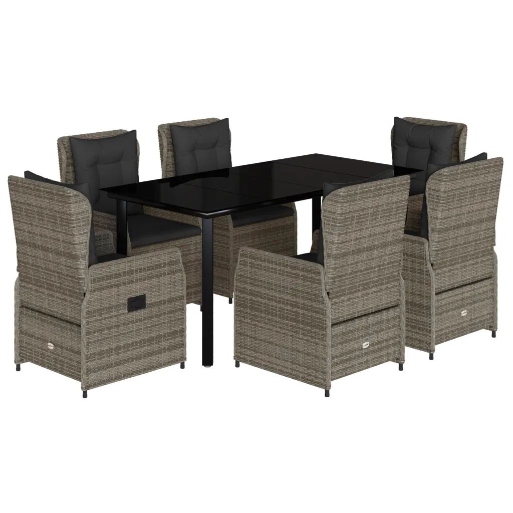 Set da Pranzo da Giardino 7 pz con Cuscini in Polyrattan Grigio