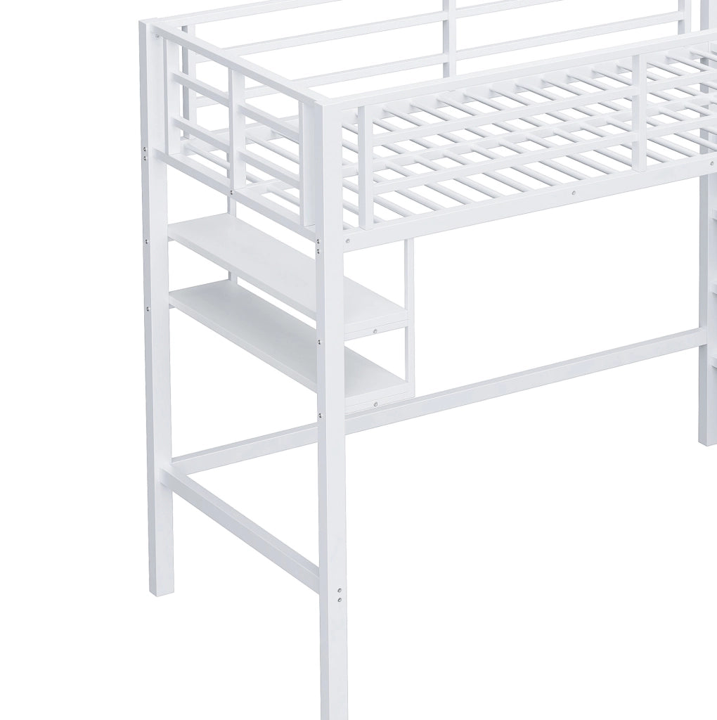 Letto a soppalco ULEVR 90x200 cm con scala contenitore, ripiani e sponde di sicurezza, bianco