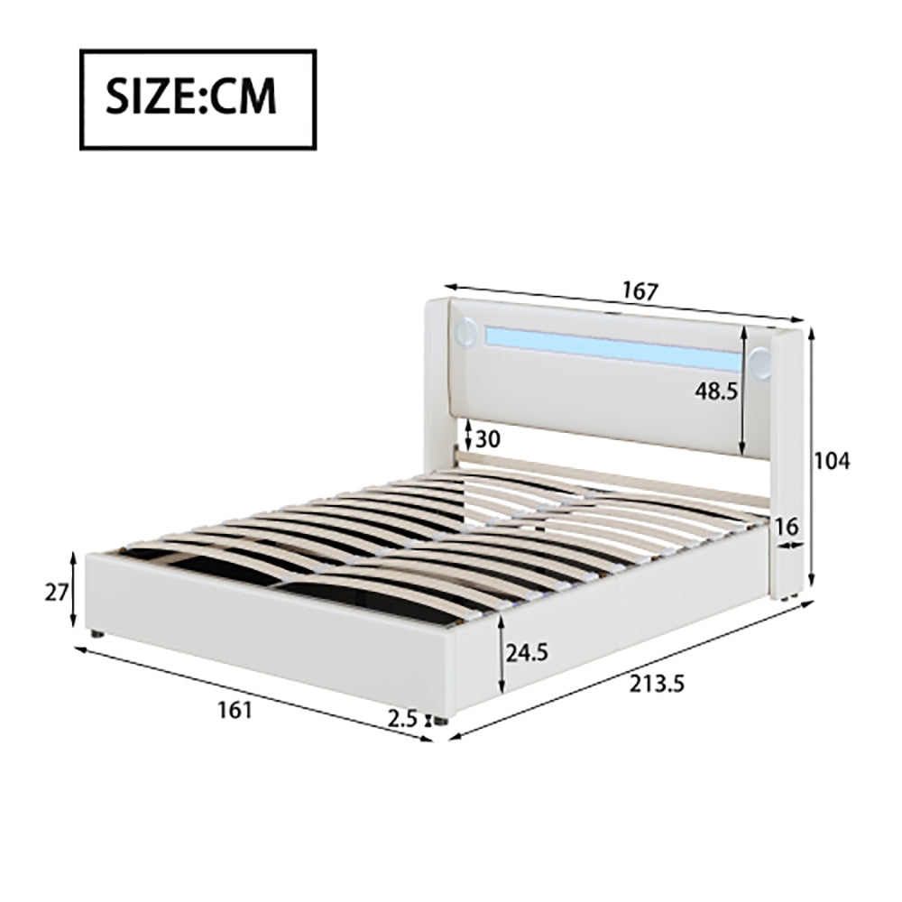 Letto con cassetti e LED Bluetooth - Xylo - 160x200 cm - Bianco - USB e rivestimento in pelle
