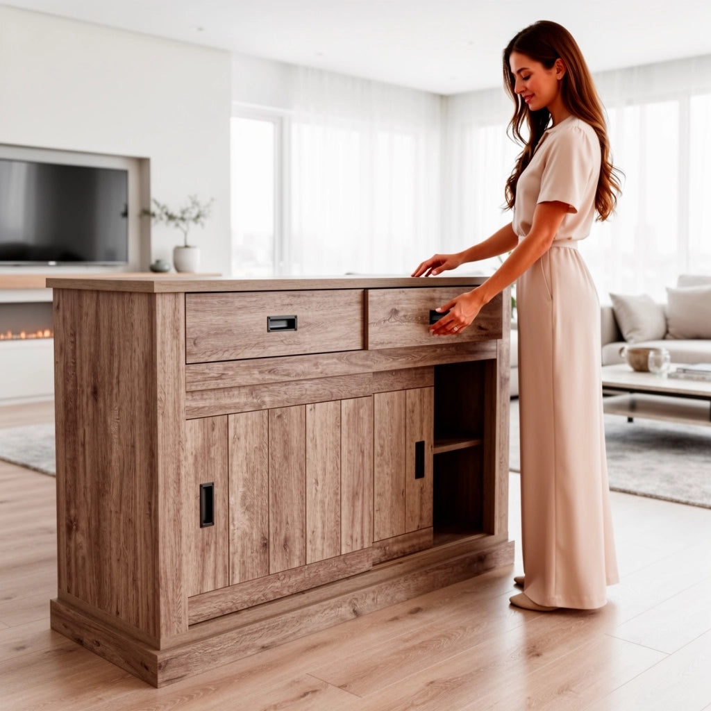Madia Mobile Soggiorno Con 2 Cassetti E 2 Ante Scorrevoli 4 Ripiani Interni In Stile Minimal Shabby Chic Per Living Sala Pranzo 150 X 50 X 95.5 Cm Rovere Alaska