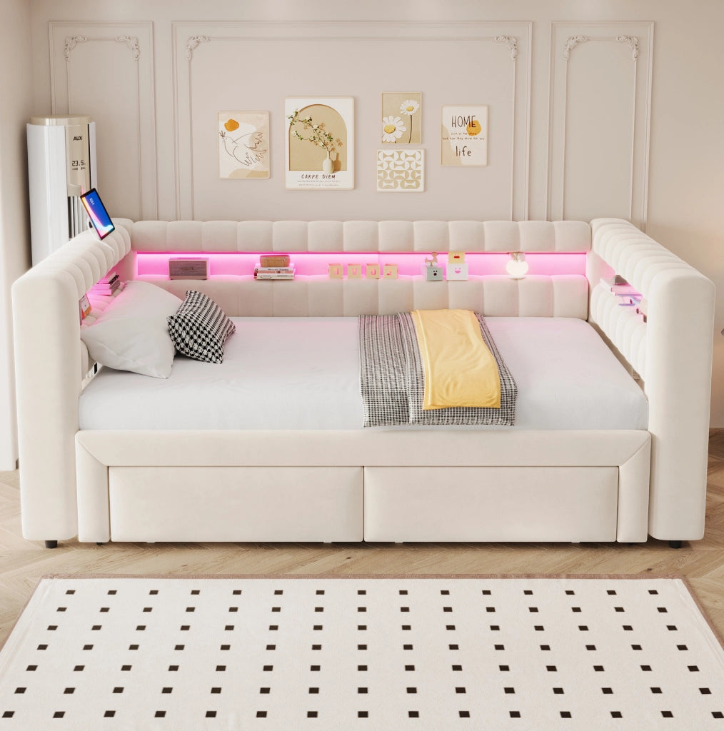 Divano letto 90x190 cm beige in velluto, estraibile con 2 cassetti