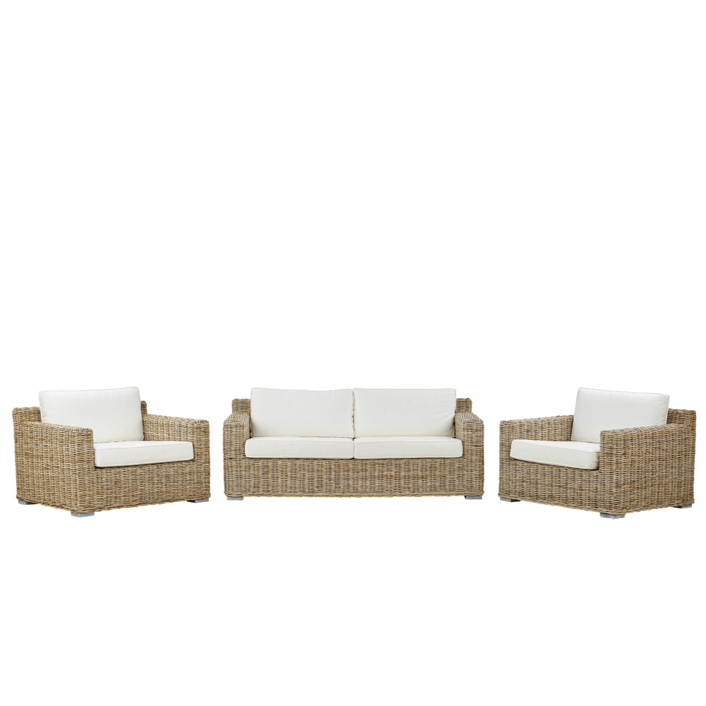 Set conversazione da giardino marrone con cuscini bianchi da esterno in rattan a 4 posti