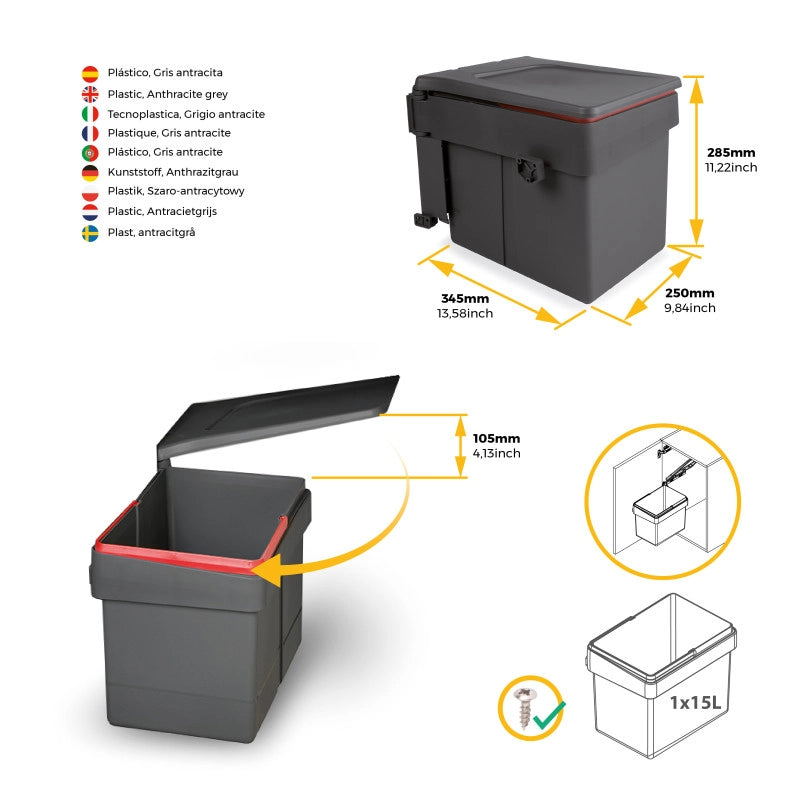 Kit di contenitori per la raccolta differenziata per cassetti da cucina Recycle Altezza Recycle 216 mm, 2x12 lt, 2x6 l..