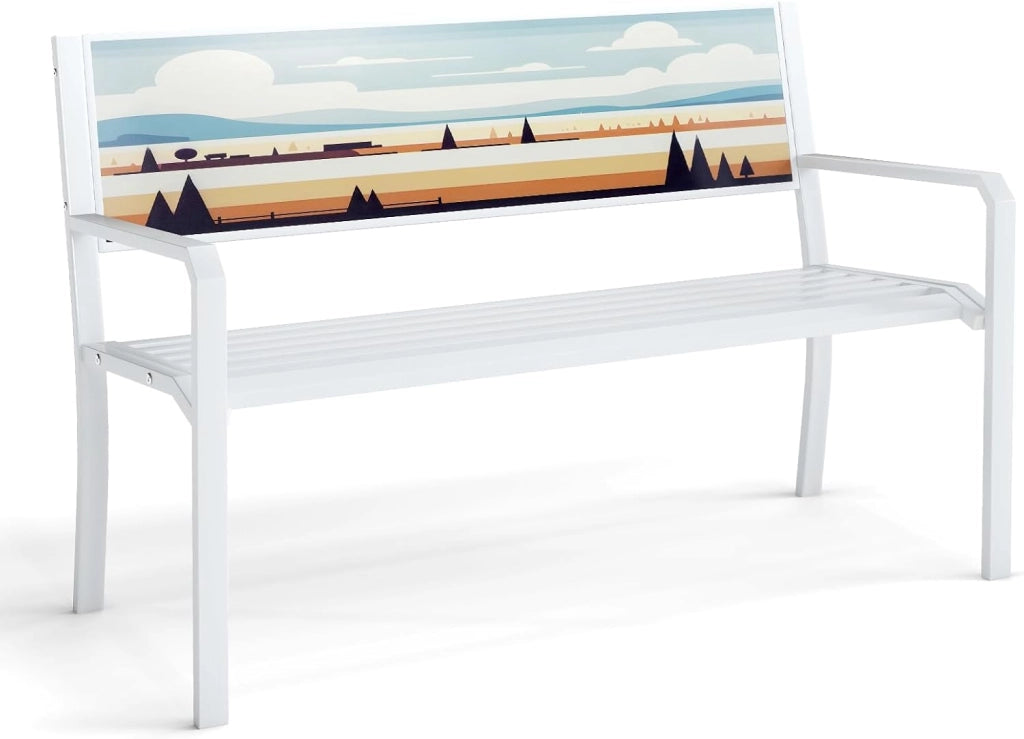 Panca da Giardino Decorativo Artistico in Metallo, Panchina da Esterno con Schienale Decorato, Panchina da Giardino 2-3 Posti per Terrazza (Bianco, 128 x 53 x 81,5 cm)