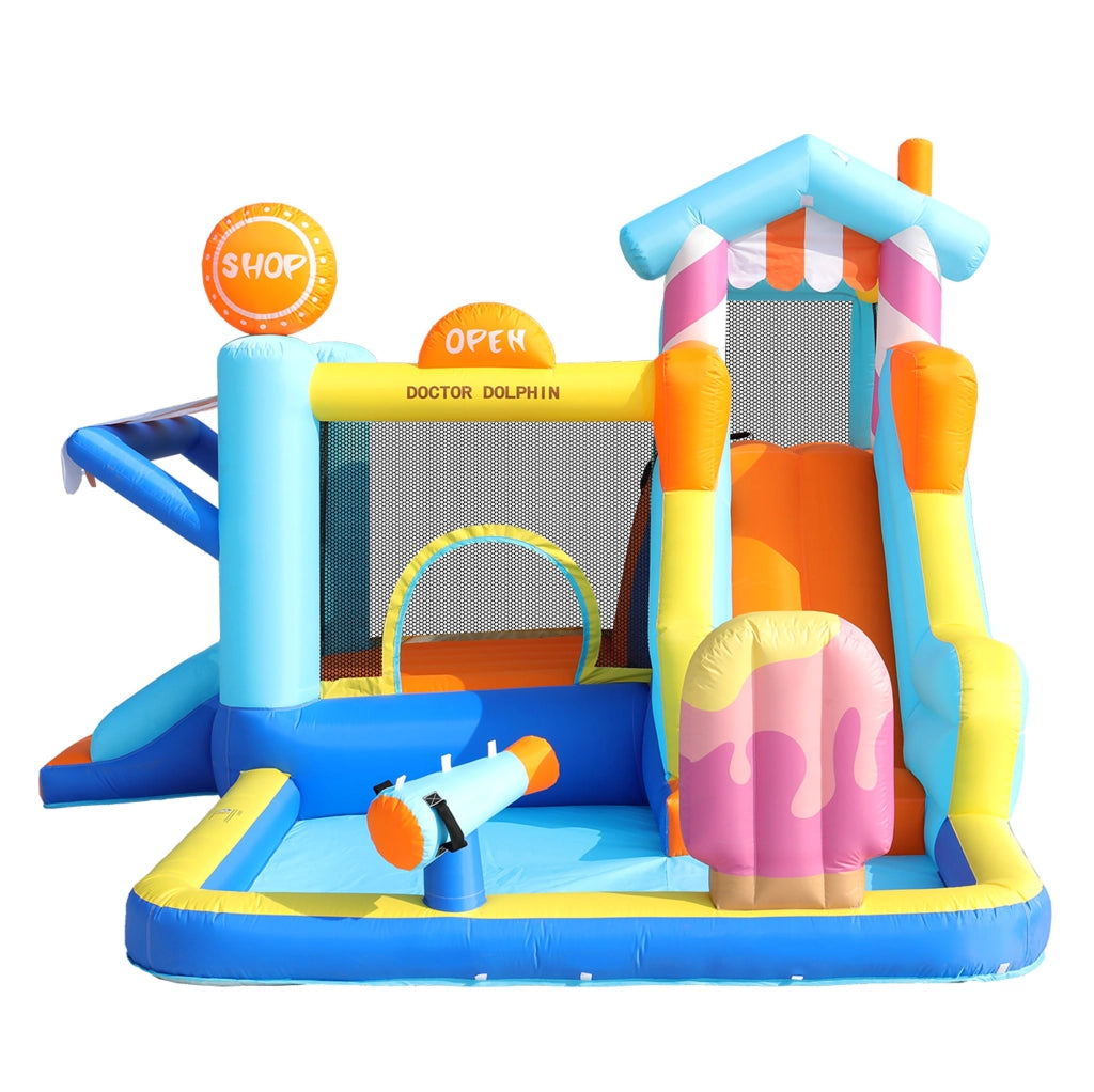 Castello gonfiabile per bambini con 2 scivoli; area giochi d'acqua; gonfiatore 450W; blu
