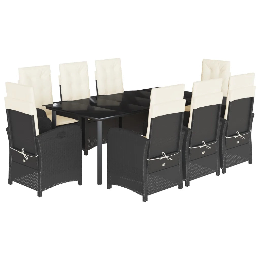 Set da Pranzo da Giardino 9 pz con Cuscini Nero in Polyrattan