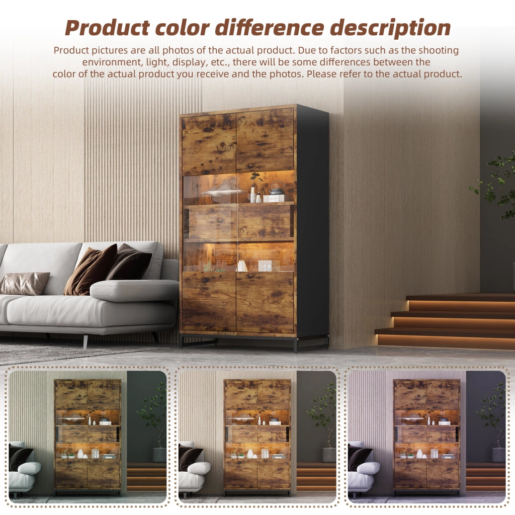 Vetrina con 2 Ante e 2 Cassetti e LED Bluetooth; 6 Vani; Stile Moderno Retr??; in MDF; Nero Effetto Legno; 80??40??138 cm