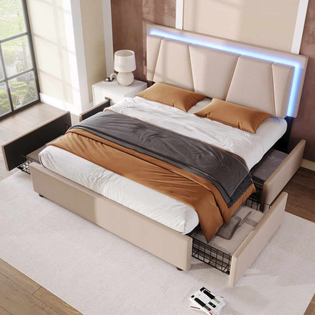 Letto contenitore 160x200 cm con LED, testiera regolabile e 4 cassetti