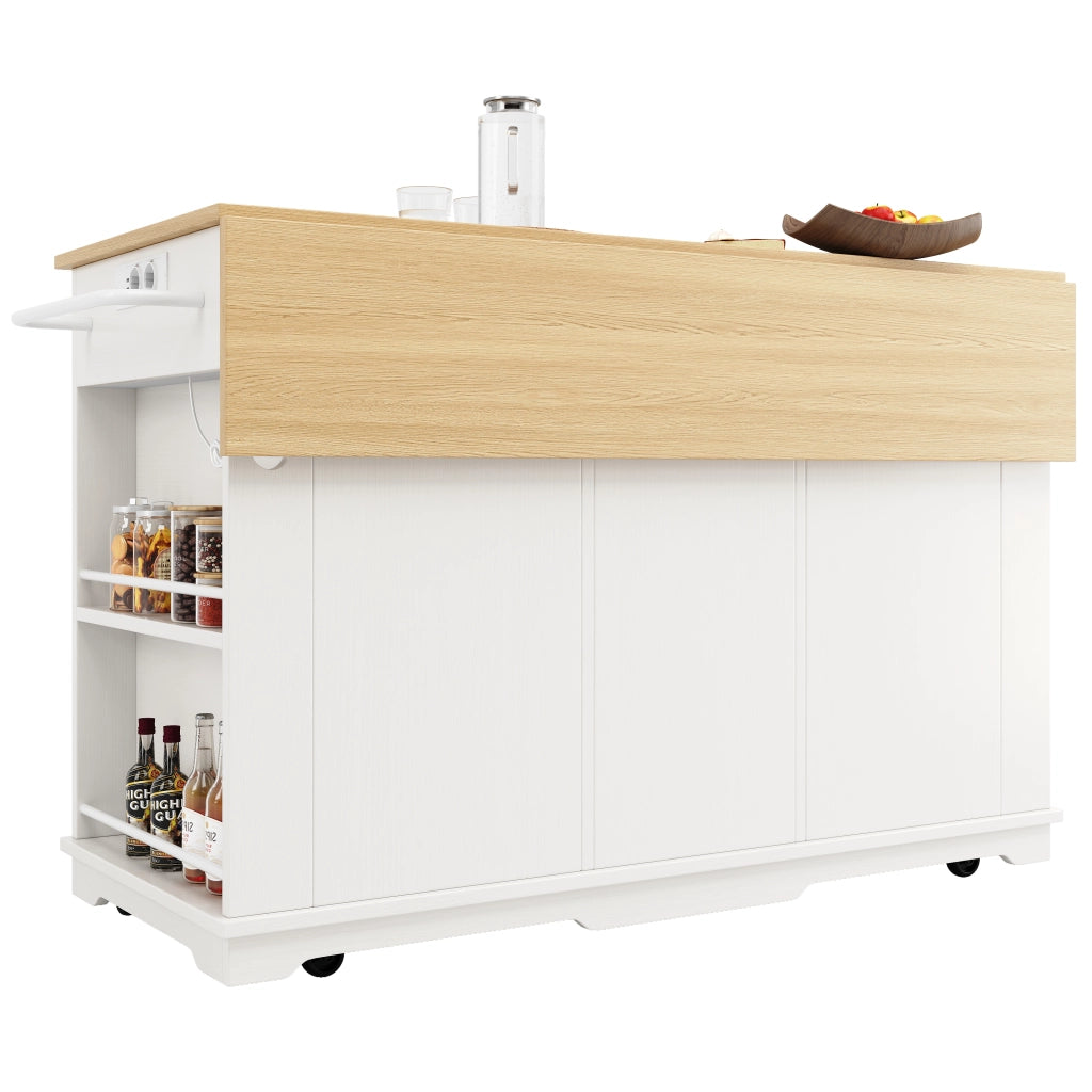 OKWISH Carrello da cucina con 2 cassetti e 6 vani, piano ribaltabile, prese e portaasciugamani, MDF, 151.5 x 59.7 x 91.7 cm, Bianco e Naturale