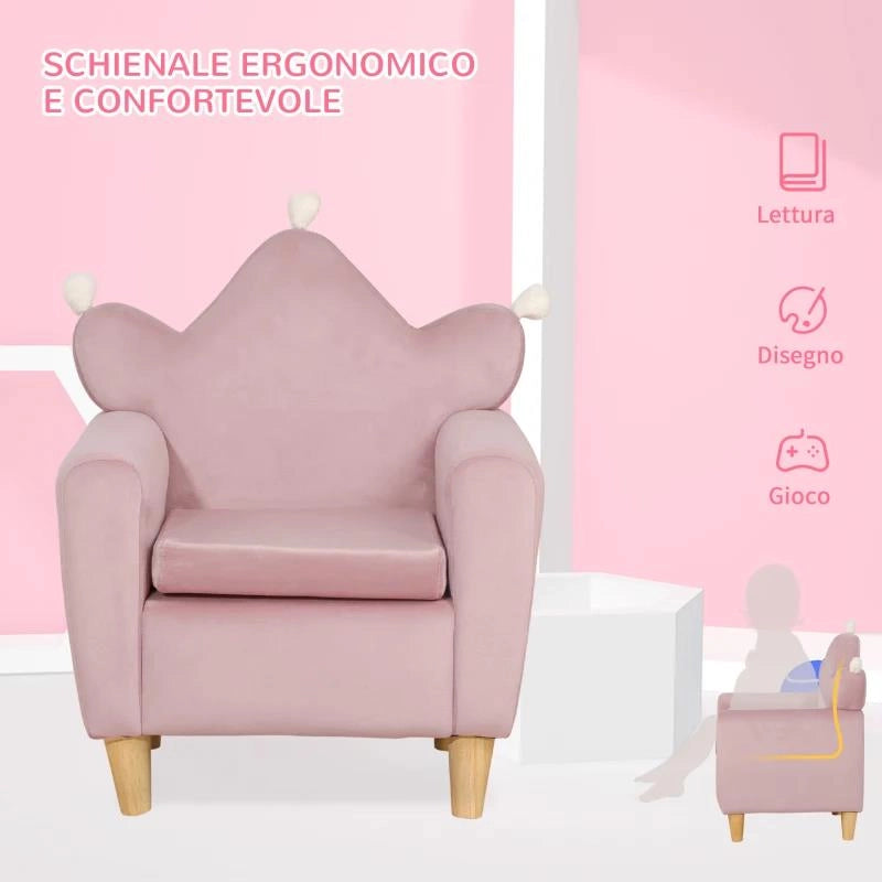POLTRONA PER BAMBINI IN TESSUTO EFFETTO VELLUTO ROSA CON SCHIENALE A CORONA, 50.2X41.9X57.8 CM