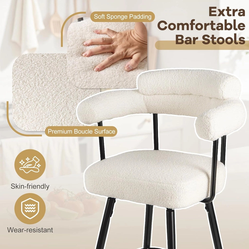 Set di 2 Sgabelli da Bar Girevoli Altezza 69 cm, Sedie Moderne Imbottite con Tessuto Boucle, Schienali Curvi e Gambe in Metallo, Sedie Girevoli per Isola Cucina, Casa, Bianco/Grigio (Bianco)