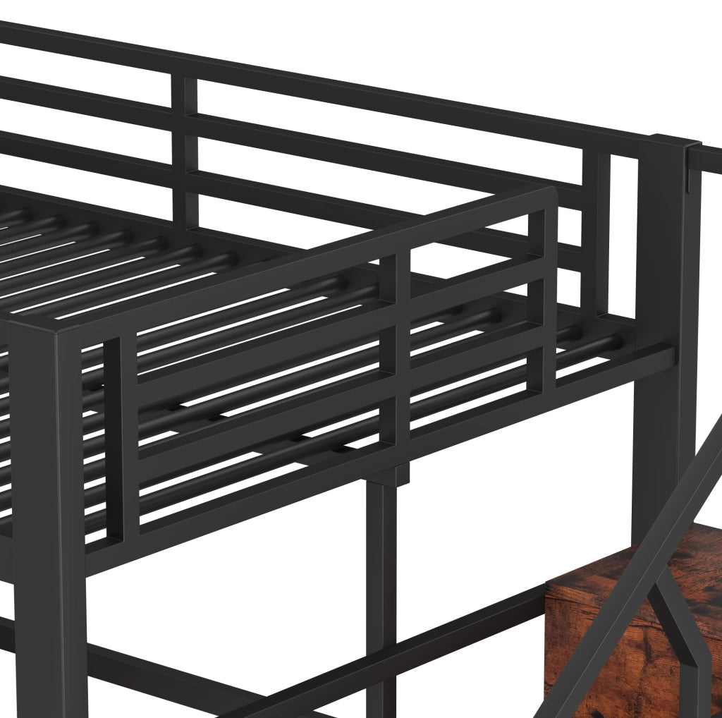 Letto a soppalco 140x200 cm nero in metallo e MDF con LED, scaffali e scala contenitore
