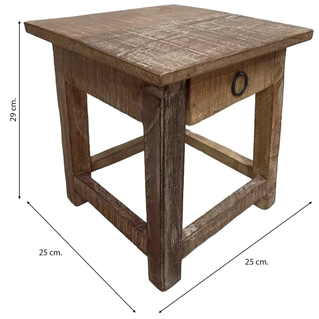 Sgabello con cassetto in legno con finitura artigianale marrone 25x25x29 h cm
