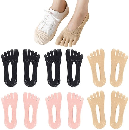 Calzature ortopediche compressive antiscivolo per piedi con supporto alle cinque dita, realizzate in silicone, senza cuciture visibili.