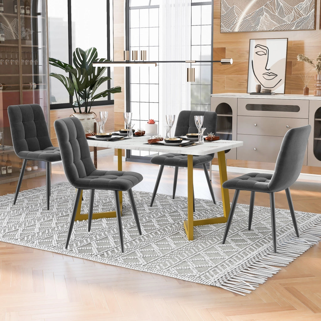 Tavolo da pranzo rettangolare con 4 sedie, piano effetto marmo, stile moderno, per cucina e sala da pranzo, in MDF, grigio