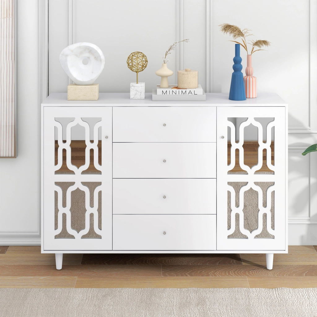 Credenza specchiata bianca - Zephmum- Maniglie in cristallo, 147,5x40x102cm