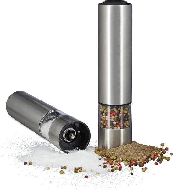 Set di macinacipolle elettriche 2 pezzi con illuminazione - macinacipolle elettriche - macinacipolle in acciaio inossidabile - macinacipolle in ceramica - alimentate a batterie - argento.