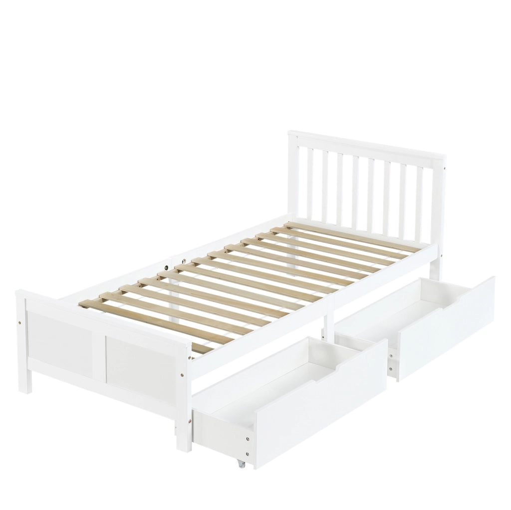 Letto singolo 90x200 cm con 2 cassetti contenitore; struttura in legno massello; bianco