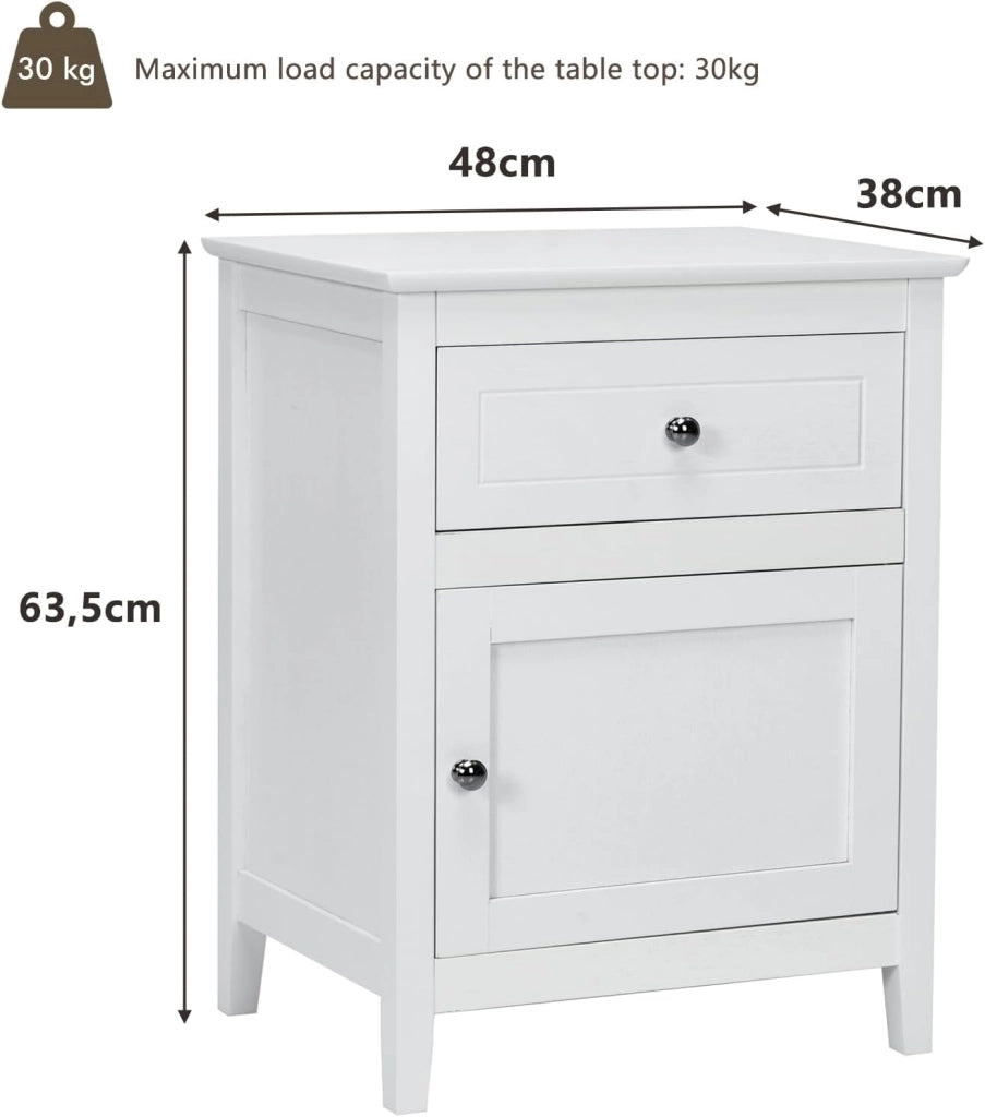 Set di 2 Comodini in legno, Tavolino (2 x Bianco 1 Anta 1 Cassetto)