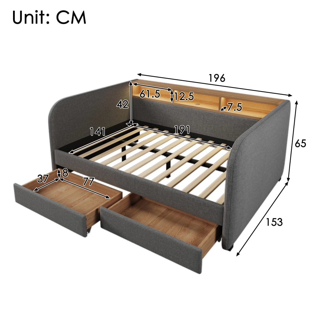 Divano letto imbottito con LED e USB 140x190 cm colore grigio lino