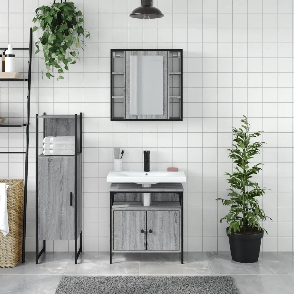 Set Mobili da Bagno | Armadio da bagno 3 pz Grigio Sonoma in Legno Multistrato