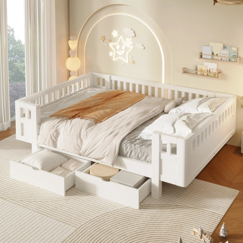 Letto a piattaforma per cameretta con spondine alte e due cassetti, in legno massiccio e MDF bianco 140 × 200 cm