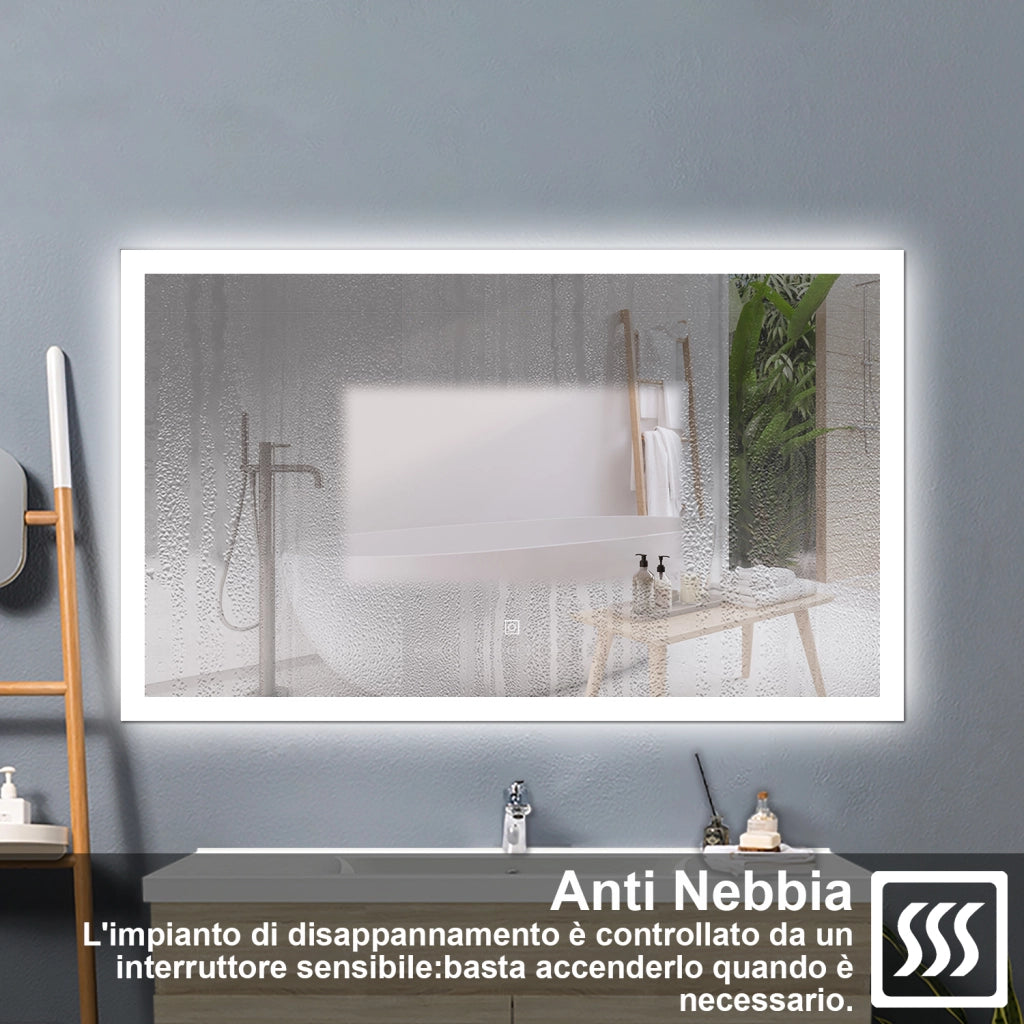 Specchio bagno Rettangolare 100x60 cm con led, Dimmerabile, Touch Control, Antiappannamento riscaldato,memoria, IP44