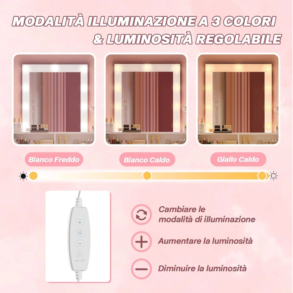 Toeletta da Trucco con Luci, Luminosità Regolabile,Tavolo da Trucco con Specchio,Postazione Trucco con 2 Cassetti,Porta Asciugacapelli,Make-up Desk,Moderno, Bianco