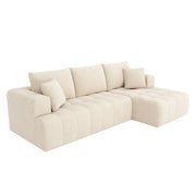 Divano angolare modulare 3-4 posti con chaise longue e 2 cuscini, design basso per soggiorno in chenille beige
