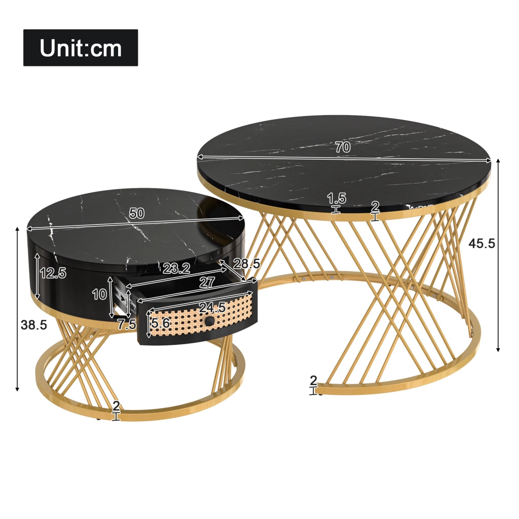 Tavolini da salotto impilabili con 1 Cassetto; piano effetto marmo; per soggiorno; in MDF e metallo