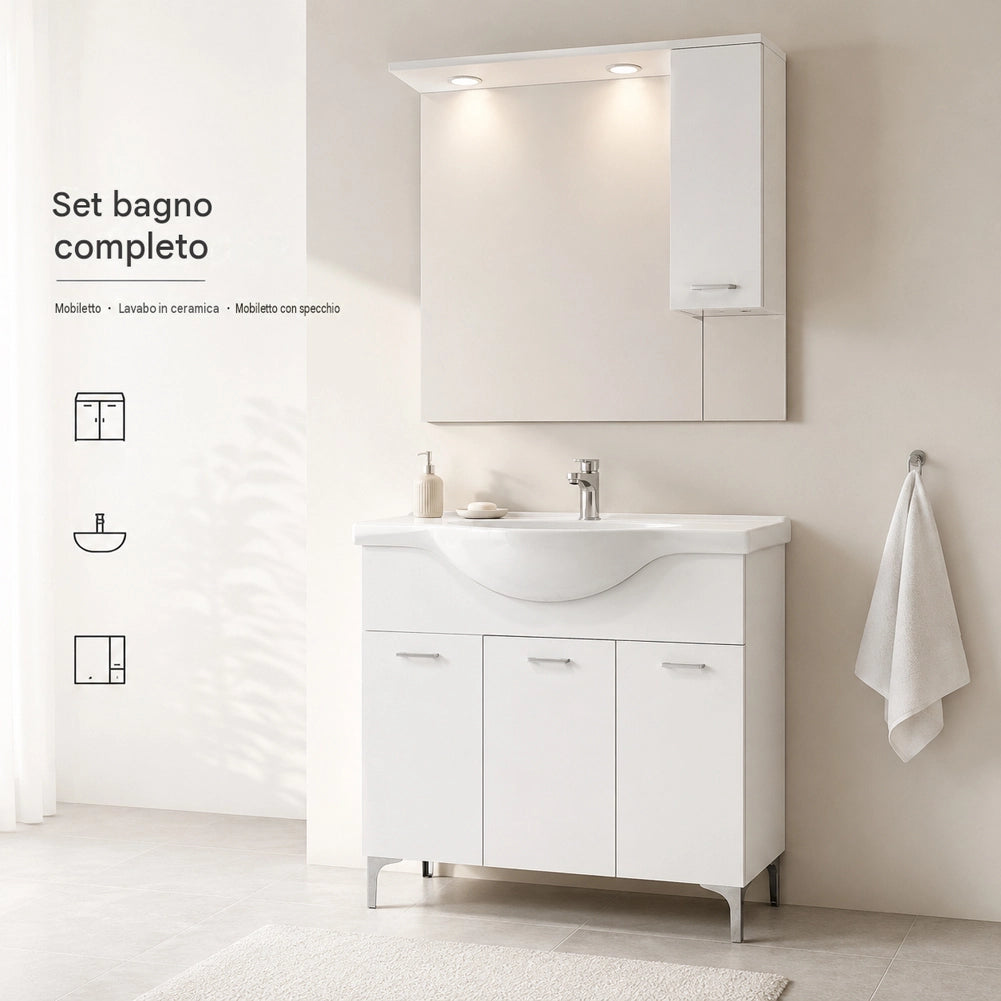 Set Completo Mobile da Bagno da Terra 85 cm Tre Ante Bianco Specchio e Accessori