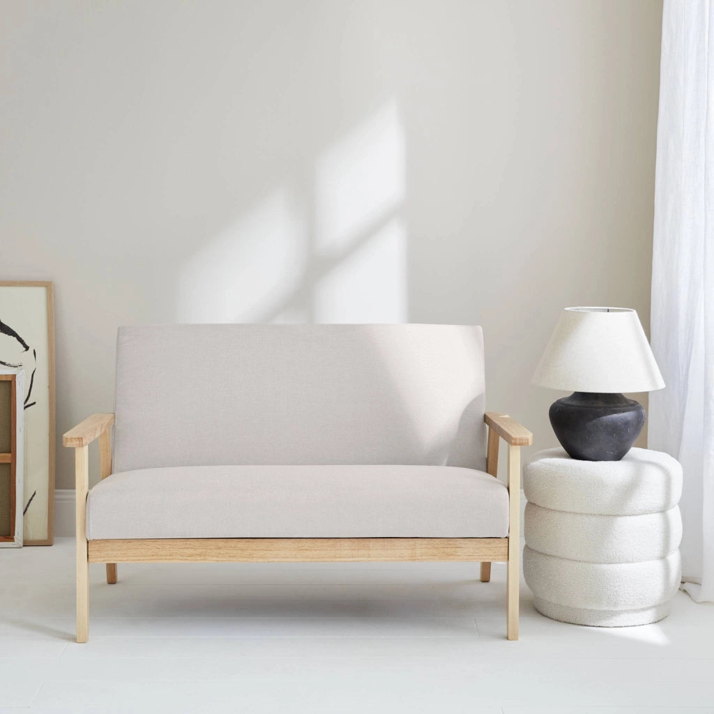 Divano stile scandinavo in legno e tessuto, 2 posti, beige