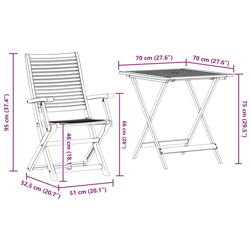 Set Bistro Pieghevole 3 pz | Set Salotto da Giardino Marrone Legno di Acacia Massello