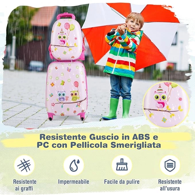 Set di Valigia per Bambini, 16" Valigia+ 12" Zaino, 2 Pezzi, con Ruote Girevoli a 360° e Maniglia Retrattile, Ideale per Viaggiare in Modo Comodo e Divertente (Modello 8)