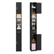 Mobiletto da bagno 181 cm organizzatore con 2 ante ripiani regolabili, Mobiletto da bagno 3 ripiani vetro temperato Nero-Armadietti da bagno