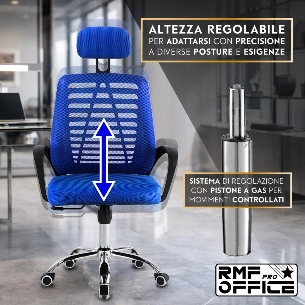 RMF Sedia Ufficio Ergonomica Professionale Reclinabile, Sedia Scrivania in Rete con Seduta Comoda e Rilassante - Poltrona Relax Ufficio con Ruote Girevoli Altezza Regolabile BLU
