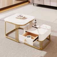 Set di Tavolini da Salotto Impilabili in Marmo Lucido con Dettagli Dorati e Cassetti, 60x60x45 cm + 50x50x34 cm, Bianco