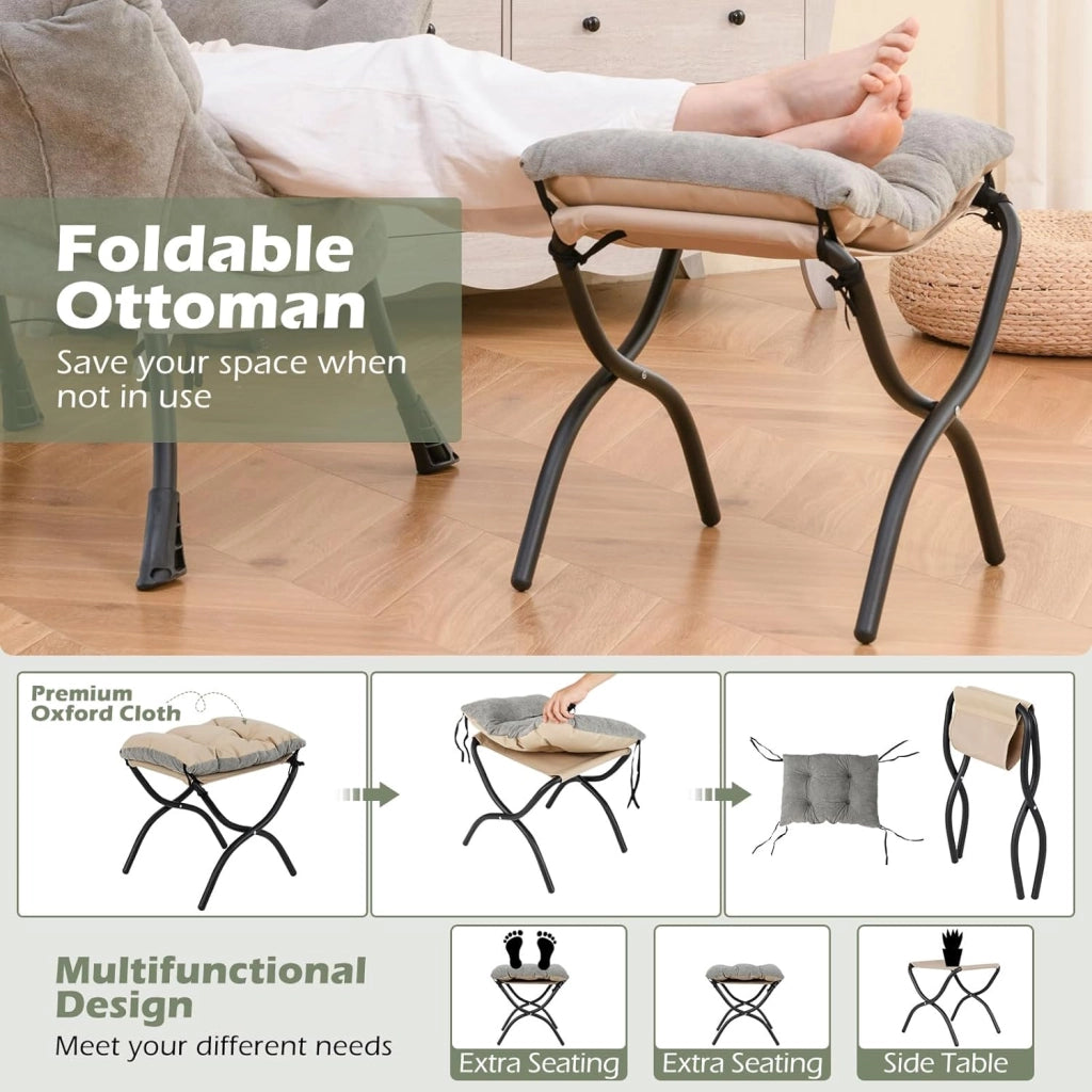 Poltrona per orecchie con sgabello, poltrona relax con braccioli e tasca laterale, per soggiorno, camera da letto e balcone, portata fino a 136 kg