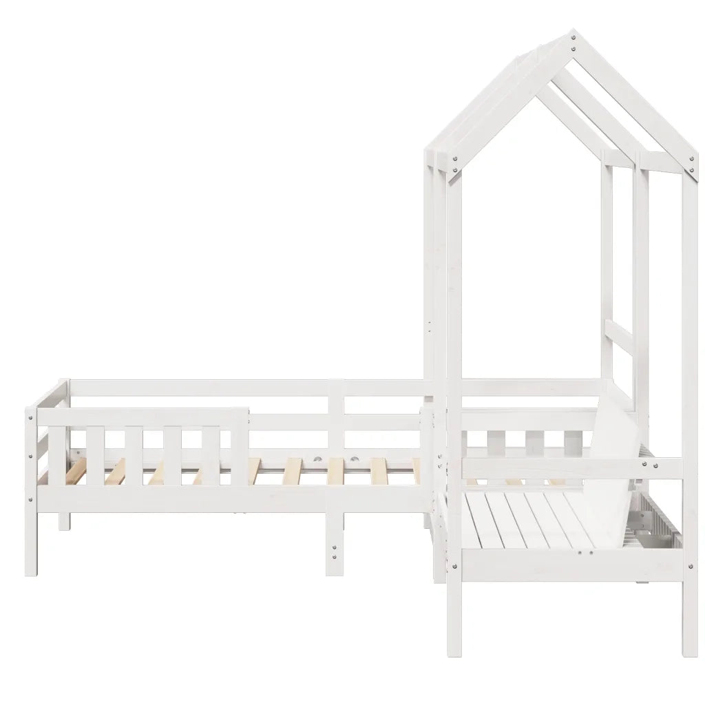 Letto singolo | Letto per adulti | Giroletto con Panca e Tetto Bianco 80x200cm Legno Massello Pino