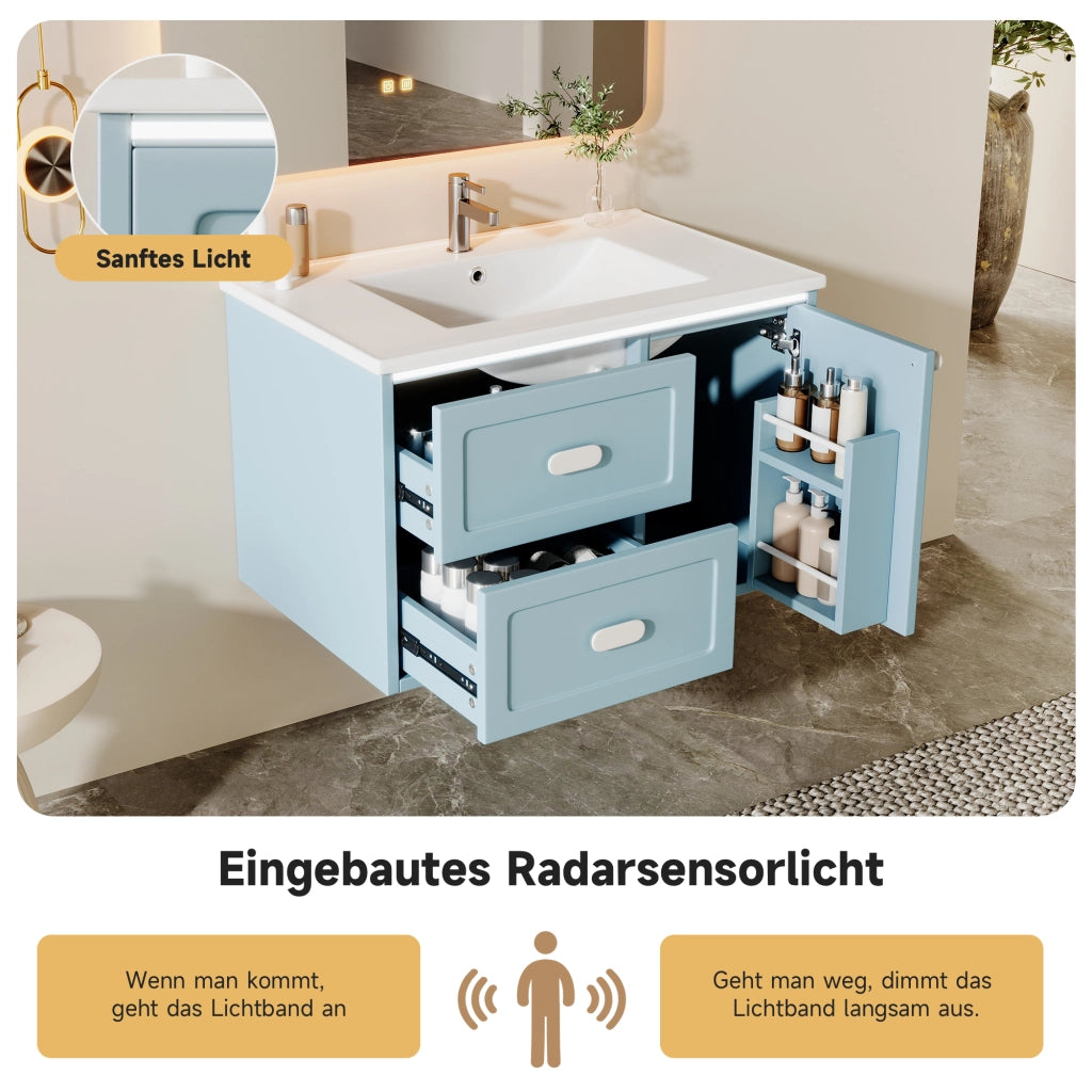 Armadietto da bagno con lavandino integrato, 2 cassetti, LED a sensore radar, MDF e ceramica blu 76 × 46 × 51 cm