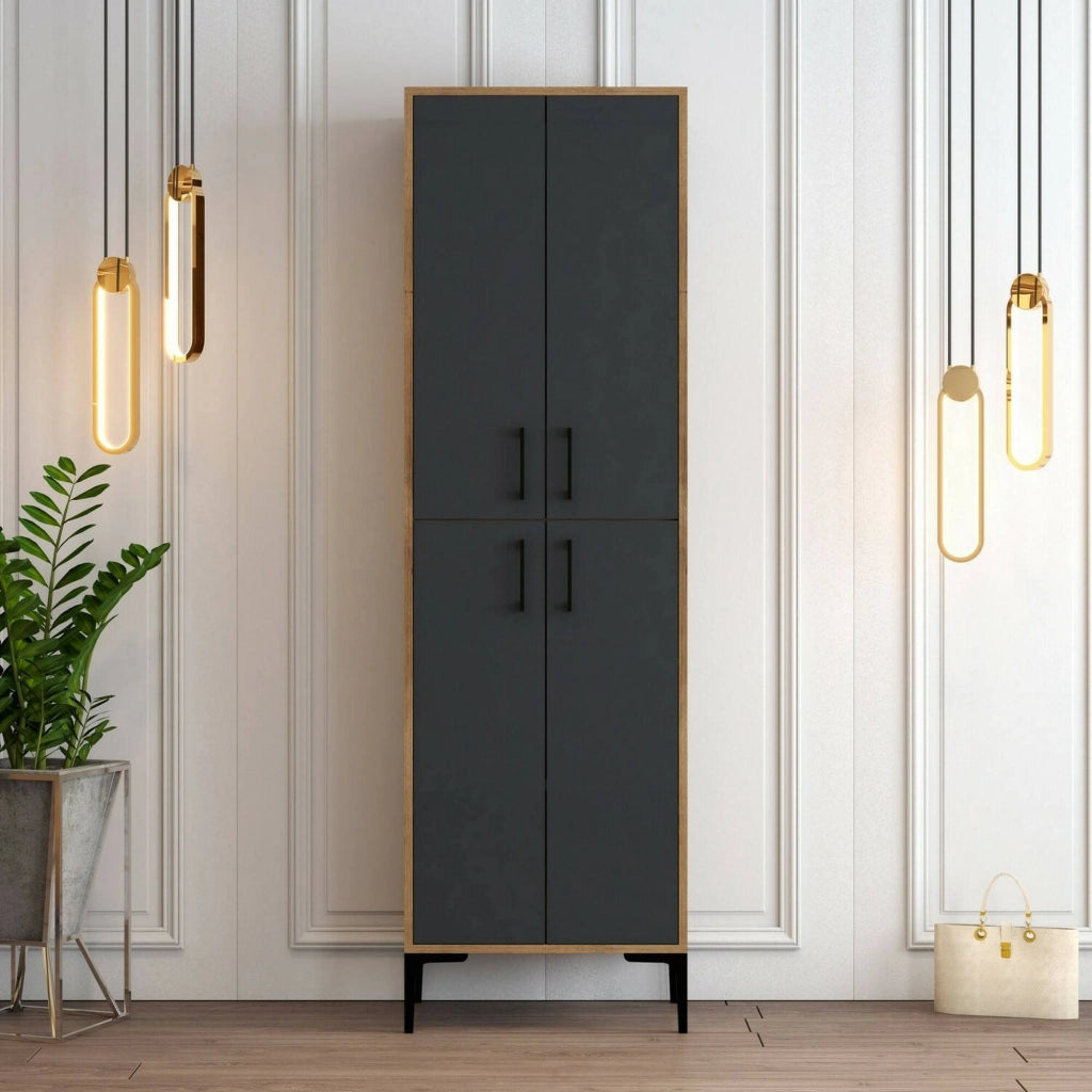 Scarpiera Sebastien, Mobile portascarpe, Armadio da ingresso multiuso, Mobiletto per calzature, 60x35h200 cm, Noce e Antracite