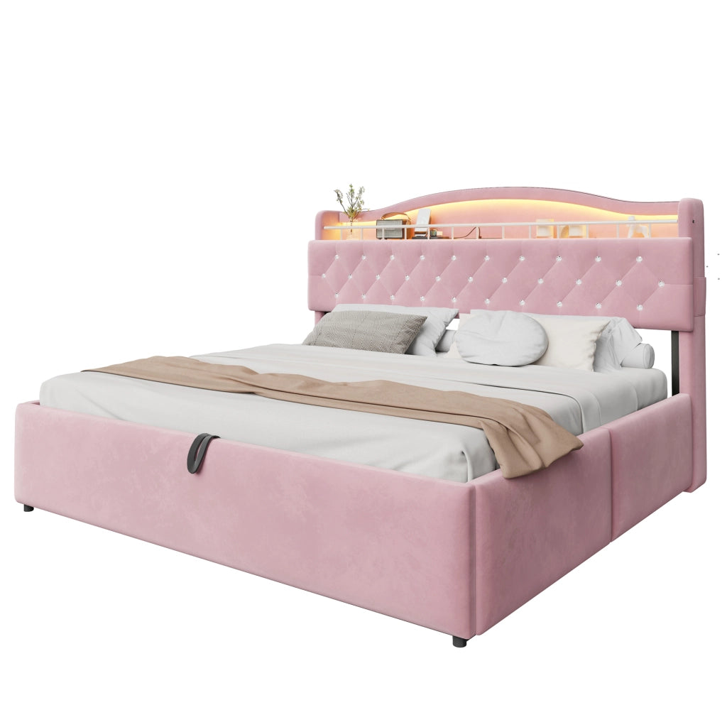 Letto imbottito 180x200 cm con contenitore idraulico; USB e USB-C; LED; tessuto rosa